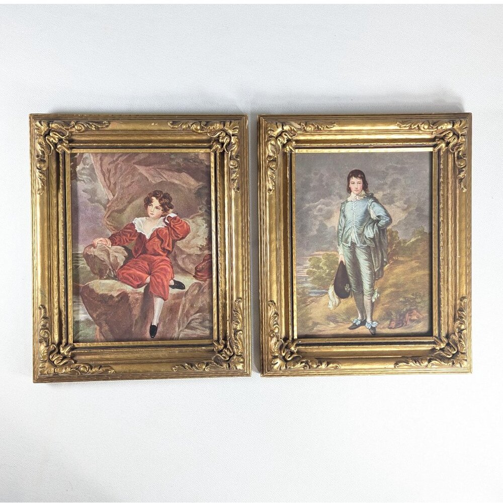 Vintage Blue Boy and Red Boy prints in matching gilt wood frames under glass,